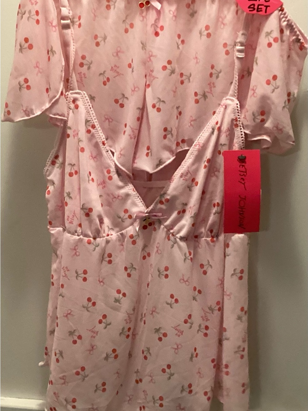 Betsey Johnson XL Pink Cherry-Print Cami & Shorts Sleep Set - Picture 5 of 7